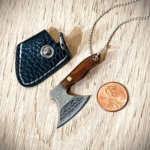 Miniature Tomahawk Hatchet Axe Knife Necklace - Mini 3/4&quot; Steel Blade Wood Handle - Leather Sheath - Charm & Chain