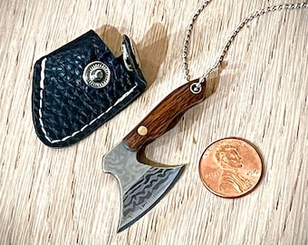 Miniature Tomahawk Hatchet Axe Knife Necklace - Mini 3/4" Steel Blade Wood Handle - Leather Sheath - Charm & Chain