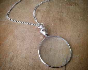 Silver Monocle Magnifying Glass with Necklace chain - Silver Toned Brass - Pendant Charm & Chain