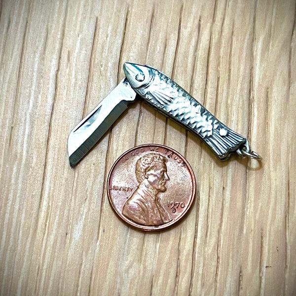 Miniature Fish Folding Pocket Knife Pendant - Mini 1" Steel Blade SILVER Handle Vintage Style Charm