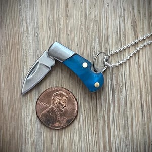Blue Pearl Mini Miniature Folding Pocket Knife Necklace -  Charm & Chain - 5/8&quot; Stainless Steel Blade Vintage Style