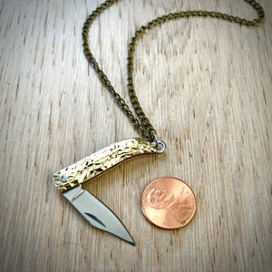 Miniature Peanut Folding Pocket Knife Necklace  - Mini 1.4&quot; Steel Blade Gold Handle Vintage Style Nut Charm Pendant