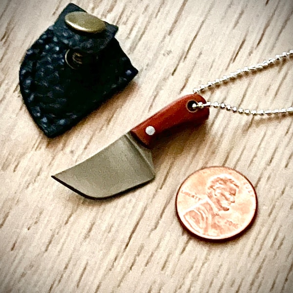 Miniature Butcher Cleaver Knife Necklace - Mini 3/4" Steel Blade Wood Handle - Leather Sheath - Charm & Chain