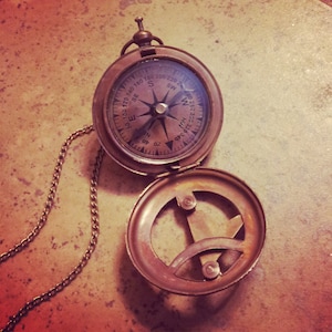 Vintage Style Sundial Compass Necklace Nautical Antique Brass, Glass, Charm and Chain