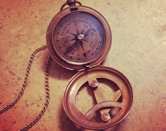 Vintage Style Sundial Compass Necklace Nautical Antique Brass, Glass, Charm and Chain