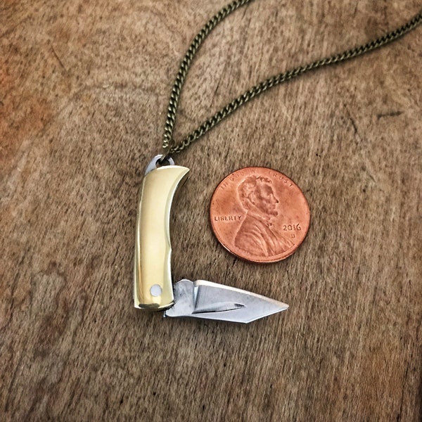 Brass Mini Miniature Folding Pocket Knife Necklace - 1" Stainless Steel Charm Vintage Style