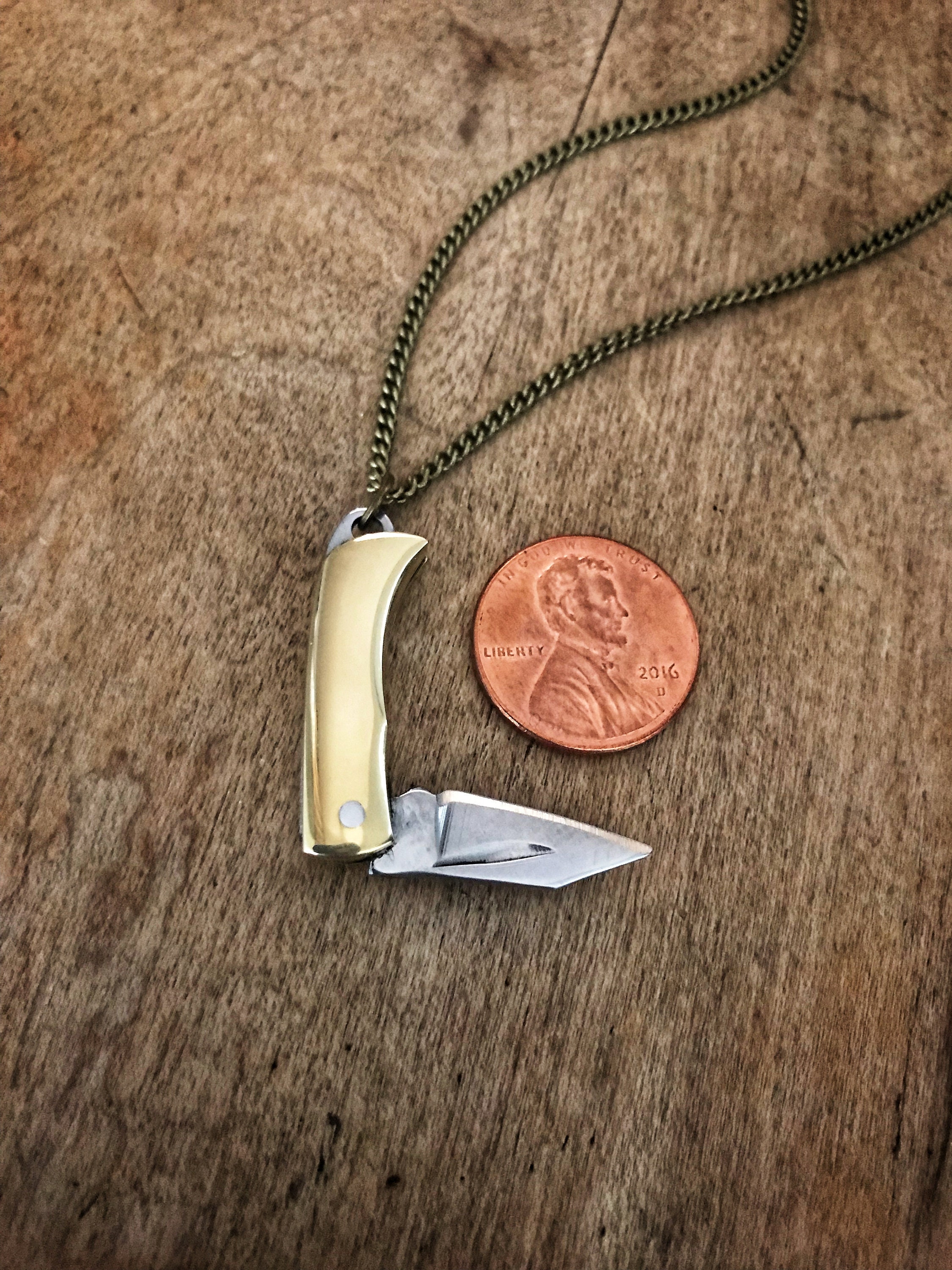 Brass Mini Miniature Folding Pocket Knife Necklace - 1" Stainless Steel Charm Vintage Style