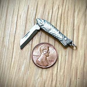 Miniature Fish Folding Pocket Knife Pendant - Mini 1&quot; Steel Blade SILVER Handle Vintage Style Charm
