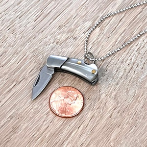 Mother of Pearl White Mini Miniature Folding Pocket Knife Necklace - WHITE Charm & Chain - 5/8&quot; Stainless Steel Blade Vintage Style