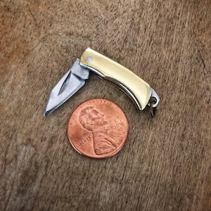 Brass Mini Miniature Folding Pocket Knife Charm 1&quot; Stainless Steel Blade Vintage Style