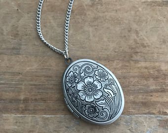 Silver Picture Locket Necklace Pendant - Vintage Style Engraved Floral ----Includes Ball Chain