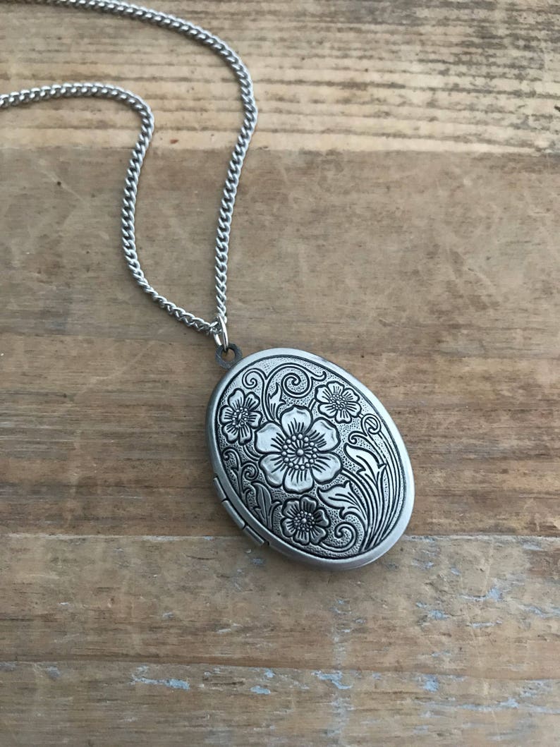 Antique Silver Picture Locket Necklace Pendant - Vintage Style Engraved Floral ----Includes Ball Chain 