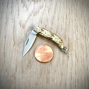 Miniature Peanut Folding Pocket Knife Pendant - Mini 1.4&quot; Steel Blade Gold Handle Vintage Style Nut Charm