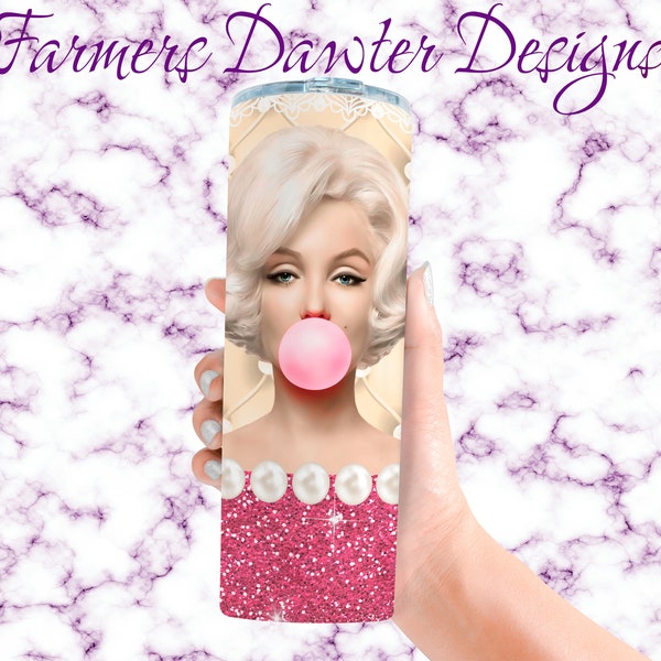 Marilyn Monroe/Norma Jean Bubble Gum Sublimation wrap, 20 oz Straight/Skinny Tumbler, Digital PNG File Template