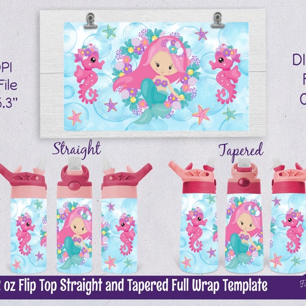 Mermaid Seahorse Sublimation Wrap Kids Flip Top Straight/Tapered Water Bottle Digital PNG File