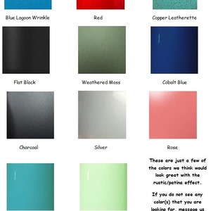 Pu&ograve; includere: Una collezione di 10 campioni di colore di vernice, tra cui blu laguna grinzosa, rosso, cuoio di rame, nero opaco, muschio invecchiato, blu cobalto, carbone, argento, turchese e verde menta. Questi colori sono solo alcuni di quelli che pensiamo che si abbinerebbero bene all'effetto rustico/patina. Se non vedi il colore che stai cercando, inviaci un messaggio per maggiori informazioni o visita www.allpowderpaints.com per vedere tutte le tue opzioni di colore.
