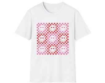 Retro Checkered Smiley Face Valentine Shirt, Unisex Softstyle T-Shirt