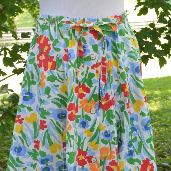 Vintage 70s Floral A-Line Skirt Vibrant Colorful Rainbow Flowers Adjustable Skirt