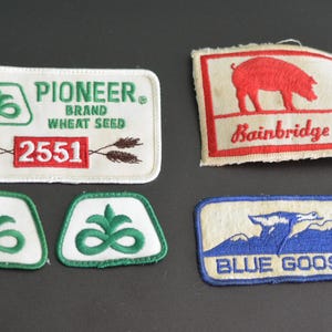 Op de afbeelding: Een verzameling vintage geborduurde patches. Eén patch toont de tekst "PIONEER BRAND WHEAT SEED" met een groen logo en het nummer "2551". Een andere patch toont een rood varken en het woord "Bainbridge".