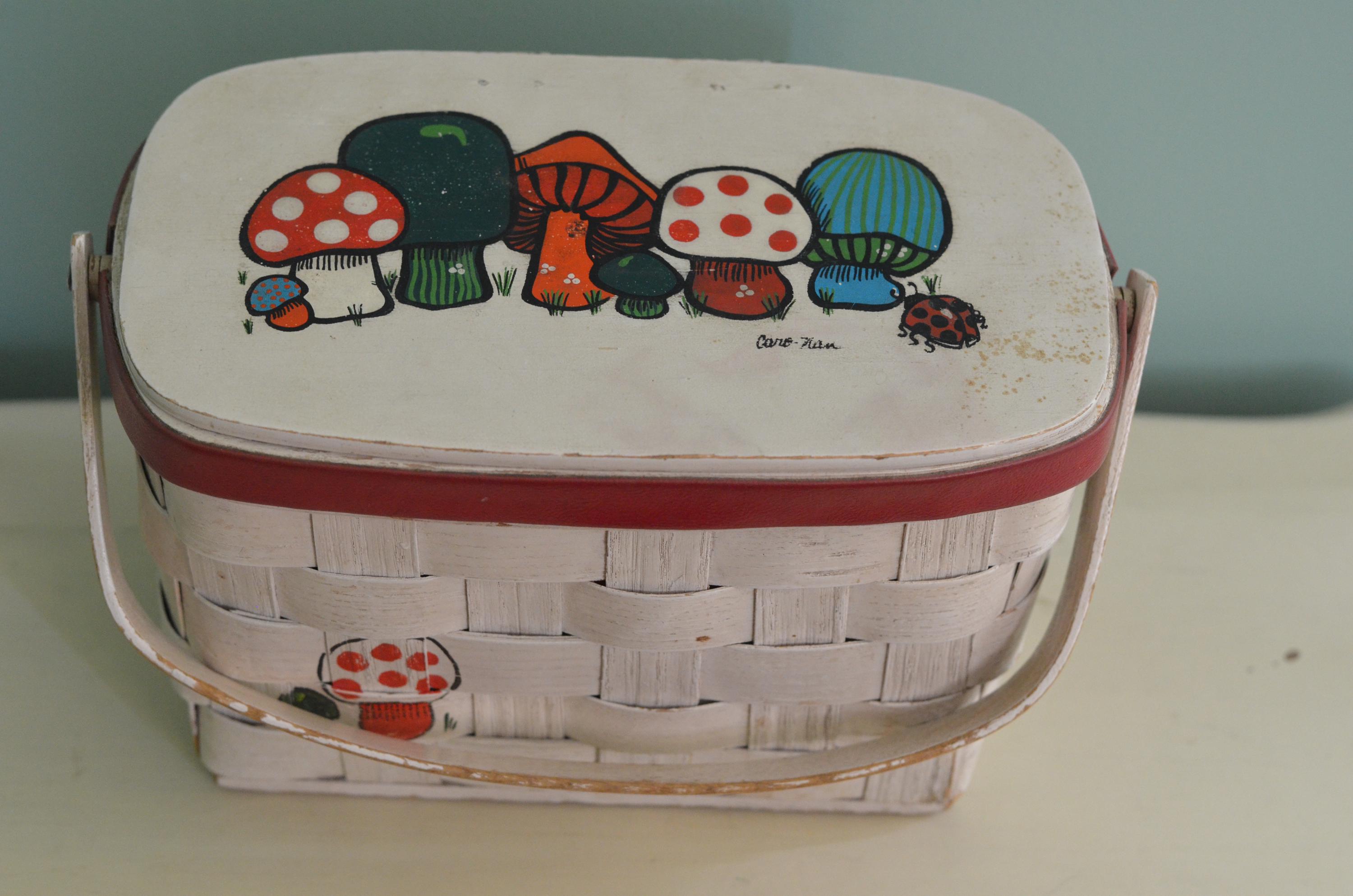 Vintage 70s Caro Nan Basket Purse Hand Painted Mushrooms and