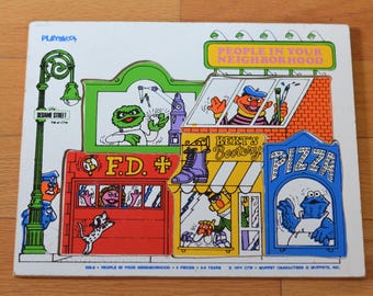 Puzzle en bois Playskool, rue Sésame vintage des années 70, 5 pièces, activité pour tout-petits d'âge préscolaire, gens de votre quartier