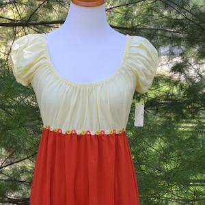 Vintage 70s Avian Nightgown NWT Deadstock Empire Waist Prairie Boho Daisy Applique Pajama Pale Yellow and Rust Two-Toned Medium Gown