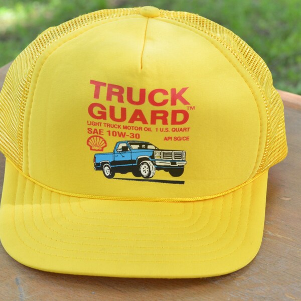 70s 80s Snapback Trucker Hat Shell Truck Guard Motor Oil 10W-30 Ford Chevy Pick-Up Truck Yellow Mesh Hat