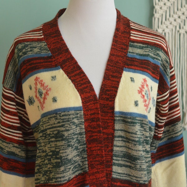 Vintage 70s Space Dye Cardigan Sweater Small Acrylic Wrap Bell Sleeves Boho Hippie Aztec Ethnic