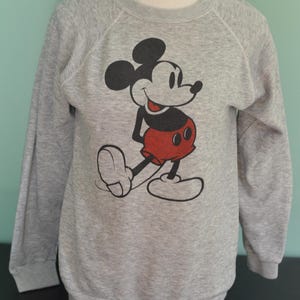 May include: A grey sweatshirt with a Mickey Mouse graphic. The cartoon character is in black, red, and white. The sweatshirt has long sleeves and a crew neck. A classic design.