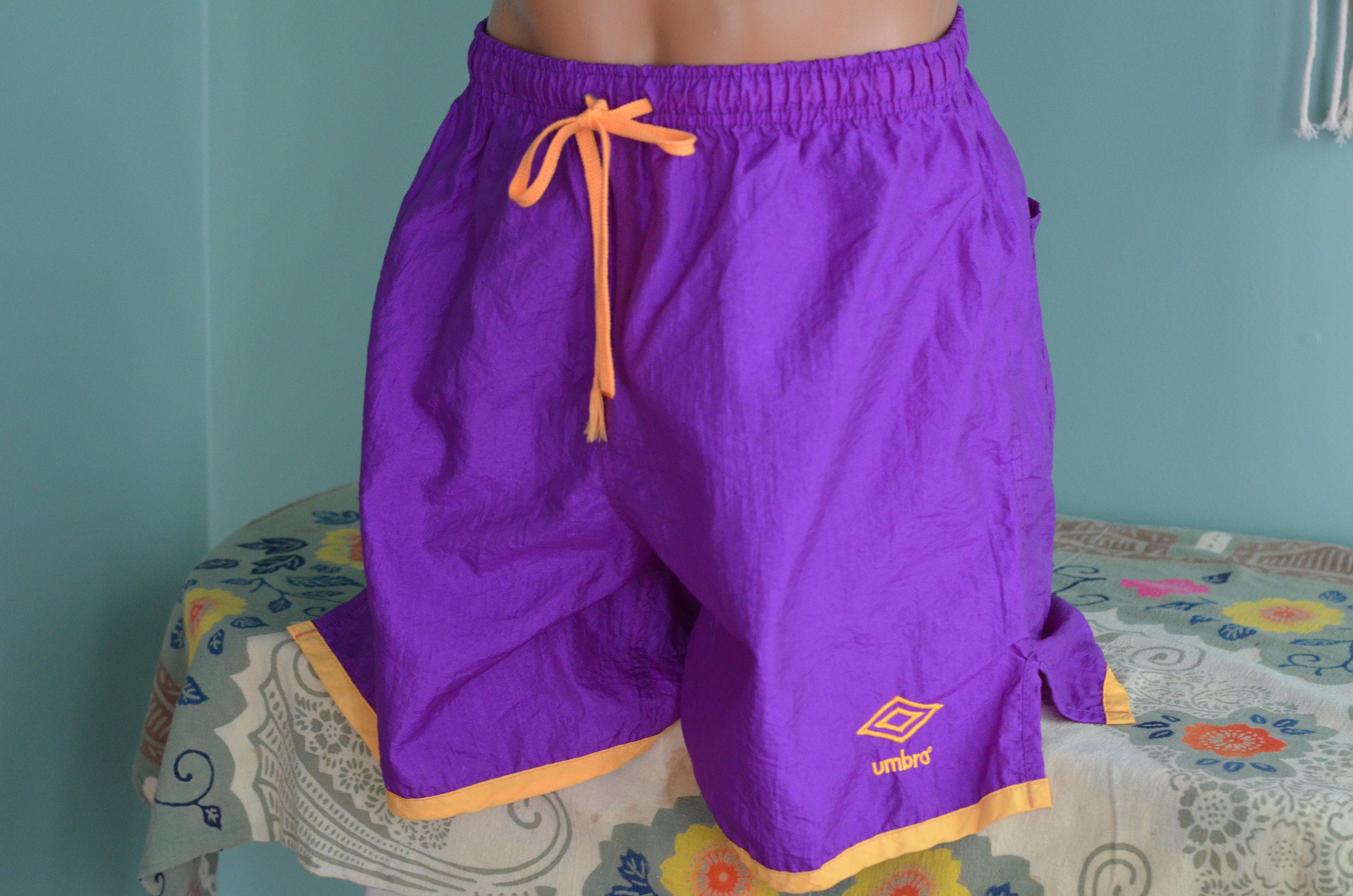 Vintage 90s Umbro Soccer Shorts Purple with Orange Trim Nylon Medium Athletic Sportswear Made in USA
