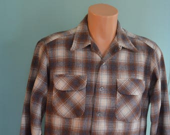 Vintage 60s Pendleton Board Shirt Size Large Shadow Plaid Virgin Wool Loop Collar