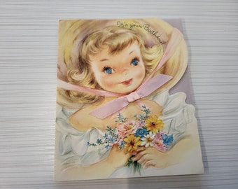 UNUSED Vintage Sunshine Line Birthday Greeting Card Embossed Girl with Flowers