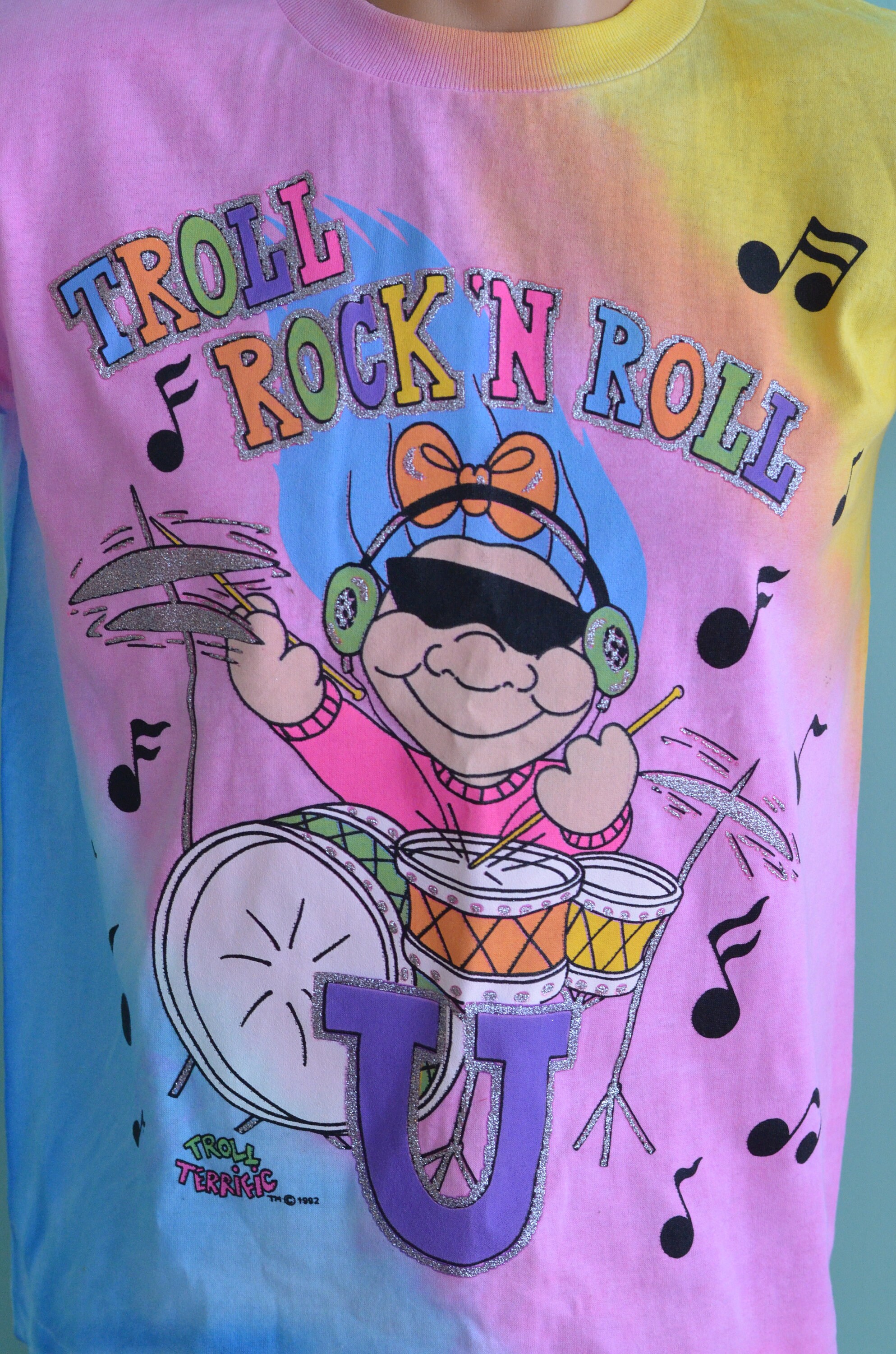 Vintage 90s Deadstock T-shirt TROLLS Rock 'N Roll U Drummer