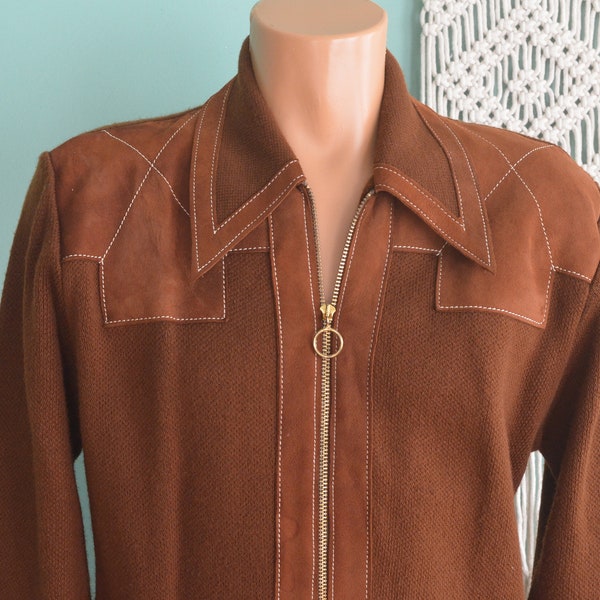 Vintage 60s/70s Virgin Orlon Cowhide Suede Panel Knit Jacket Full Zip Cardigan Sweater Indian Sportswear Medium