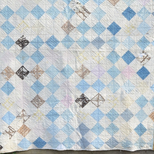 Antique Cutter Quilt Primitive Shabby Chic Farmhouse Chic DIY Sewing Fabric Crafts Blue Pastel Diamond