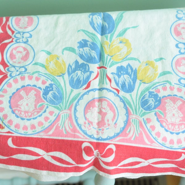 Vintage 50s Tea Towel Holland Tulips Windmills Dutch Girl Kitchen Linens Hand Towel  14" x 30"