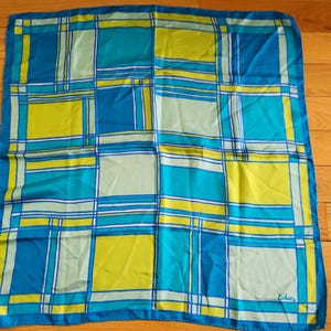 Foulard en soie Echo vintage des années 70, blocs géométriques Aqua Lime, fabriqué au Japon