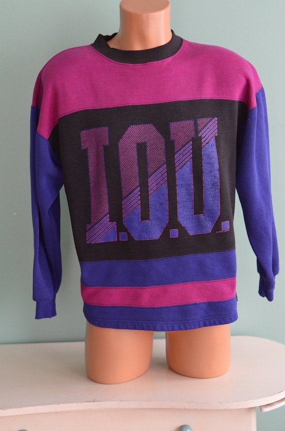 Vintage 90s IOU Sweatshirt Color Block Magenta Pu… - image 2
