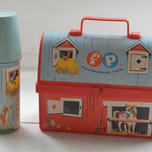 Vintage 60s Fisher Price Farm Lunch Box & Silo Thermos Miniature Toy