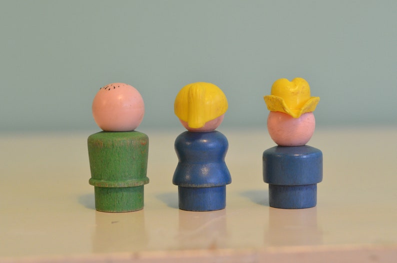 Vintage 70s Fisher Price Little People Wooden Body Plastic Head Lot of 3 Pretend Play