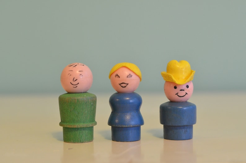 Vintage 70s Fisher Price Little People Wooden Body Plastic Head Lot of 3 Pretend Play