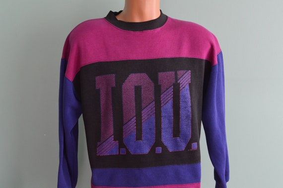 Vintage 90s IOU Sweatshirt Color Block Magenta Pu… - image 1