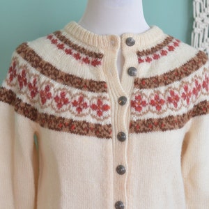 Vintage 60s Fair Isle Wool Sweater Nordic Hand Knit Women&#39;s Foldal A/S Made in Norway Cardigan