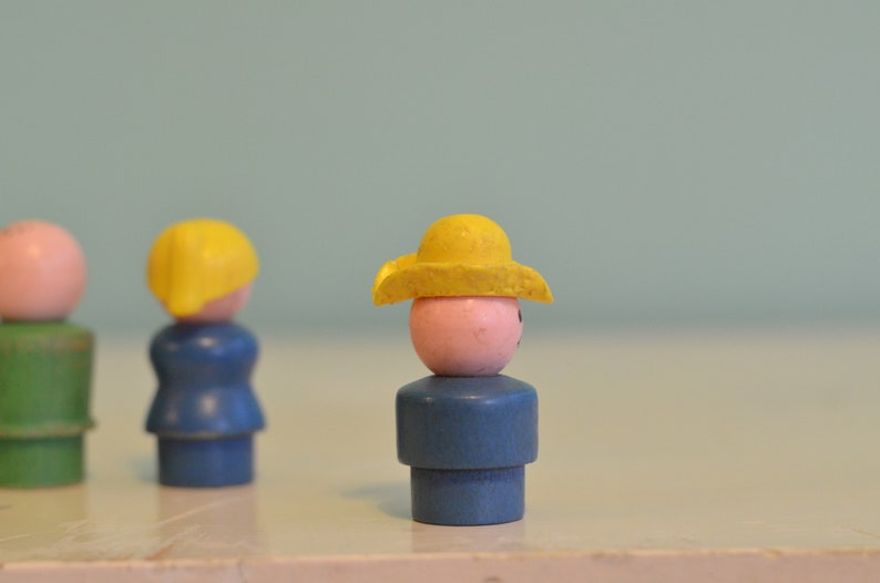 Vintage 70s Fisher Price Little People Wooden Body Plastic Head Lot of 3 Pretend Play