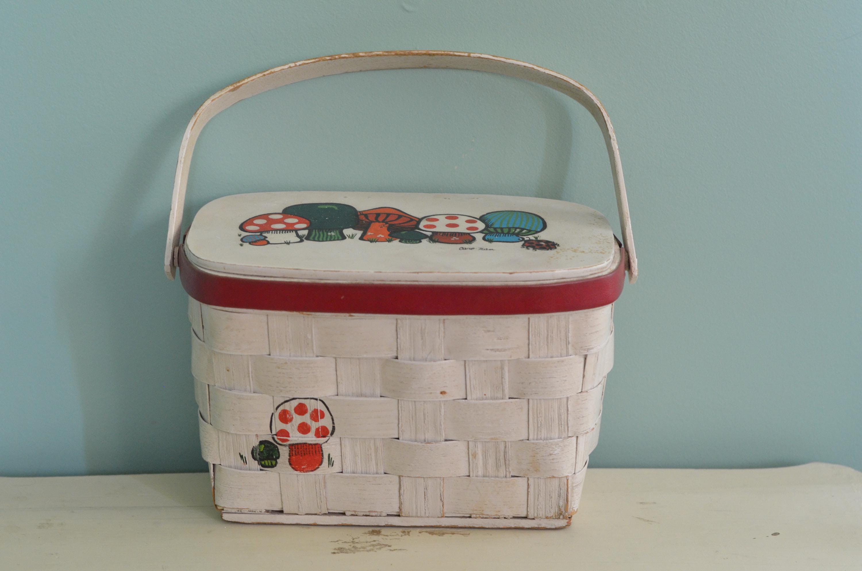 Vintage 70s Caro Nan Basket Purse Hand Painted Mushrooms and
