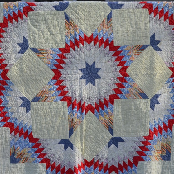 Antique Cutter Quilt Primitive Shabby Chic Farmhouse Chic DIY Sewing Fabric Crafts Starburst Star of Bethlehem(?) Twin Sized Blanket