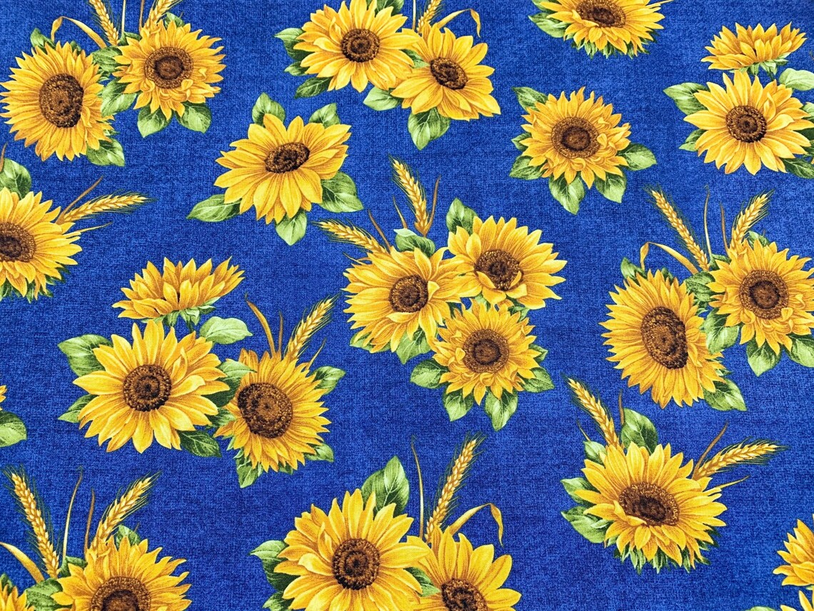 DISCOUNTED..1 YARD Blue Sunflowers Fabric 44 Wide Etsy