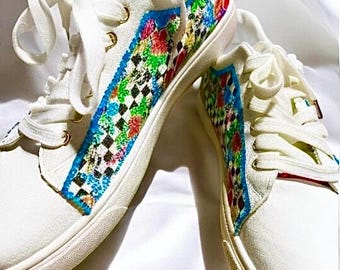 Women's SIZE 9.5……….Custom Whimsical Lace Up Sneakers w/Rhinestones.  New