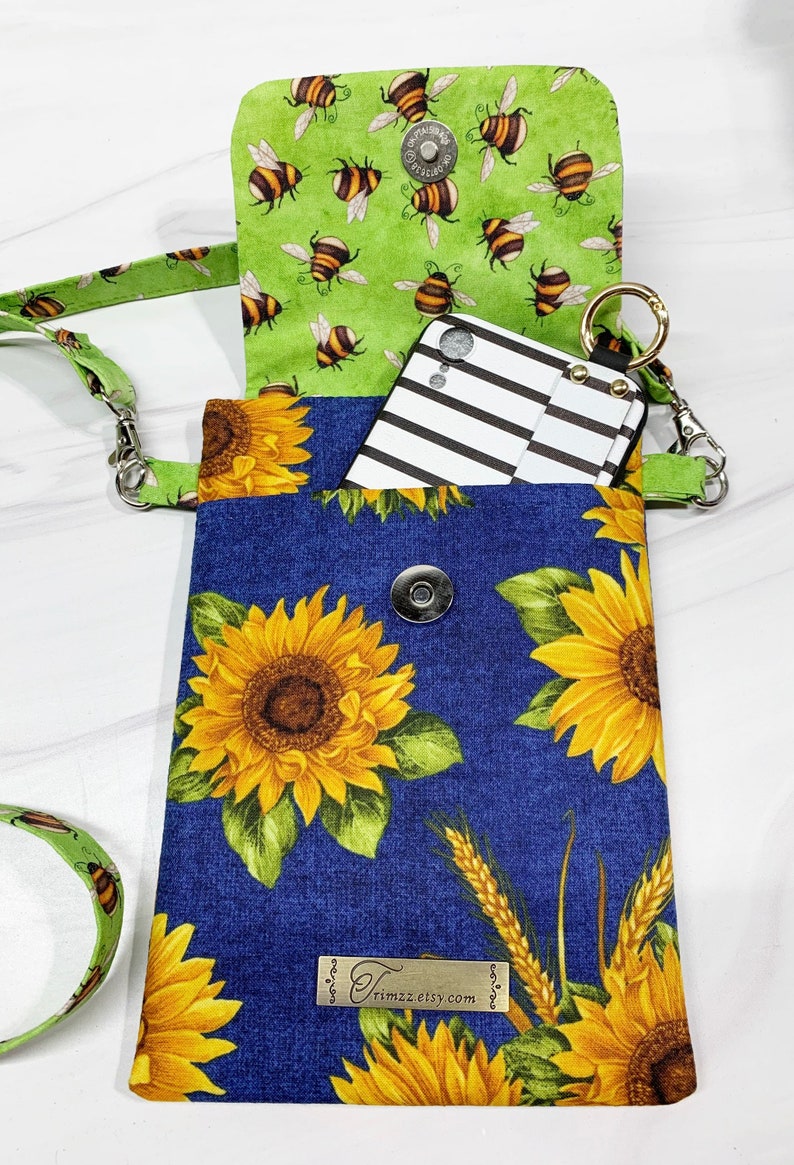 Padded Cell Phone Bumblebee /& Sunflower themed Fabric Crossbody Bag with roomy Outside Pocket and Magnetic Closure Perfect Gift Idea