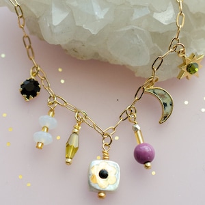 Beaded Charm Necklace, Handmade Necklace, Gemstone Charm Necklace, Handmade jewelry, Mother of pearl necklace, Moon and star necklace,